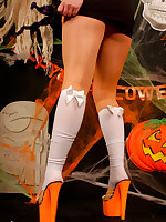 White knee toffee-nosed stockings over orange colred pantyhose