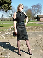 Gorgeous blonde Demi prerequisites some sun out and about, wearing a pretty moonless blouse and skirt, with matching tall stilettos